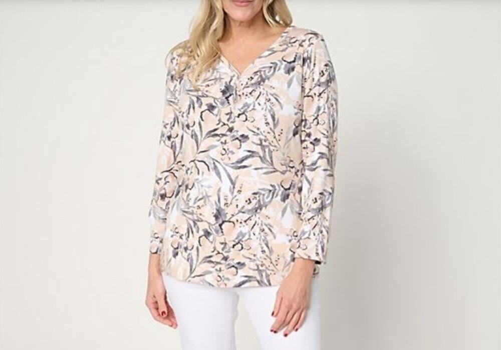 Denim & Co Lrge Tapioca SoSoftJersey Bracelet Sleeve Sweetheart Top A716658 NWOT